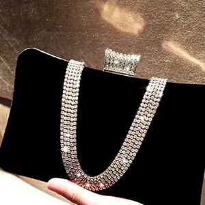 NEW black Velvet Wedding Evening party large Clutch bag chain strap purse